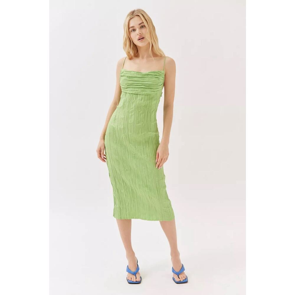 Urban Outfitters Tierra Plisse Dress Womens Size M Green Midi Spaghetti Straps